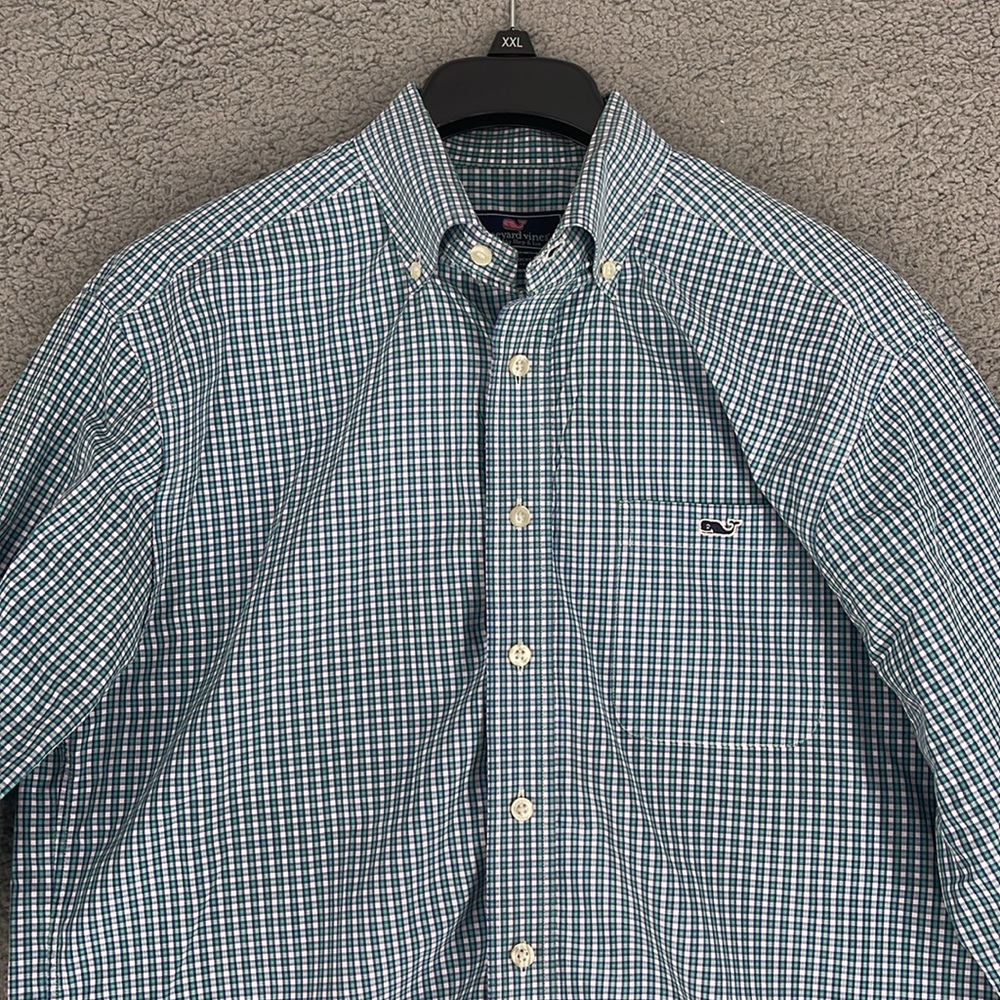 Vineyard vines purple green squared print button down long sleeve medium shirt - Picture 2 of 13